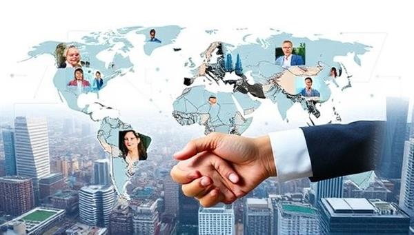 A digital collage of interconnected global cities representing diverse talent pools, virtual interview setups, and a virtual handshake symbolizing remote talent acquisition consulting.