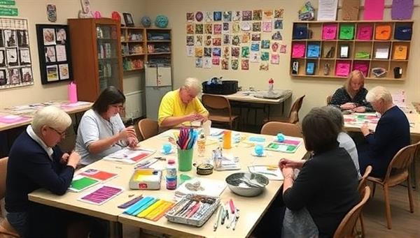 A cozy workshop setting with colorful craft supplies neatly arranged on tables, participants engrossed in creating their projects, an instructor providing guidance, and a display of finished crafts on the walls, conveying a welcoming and creative atmosphere.