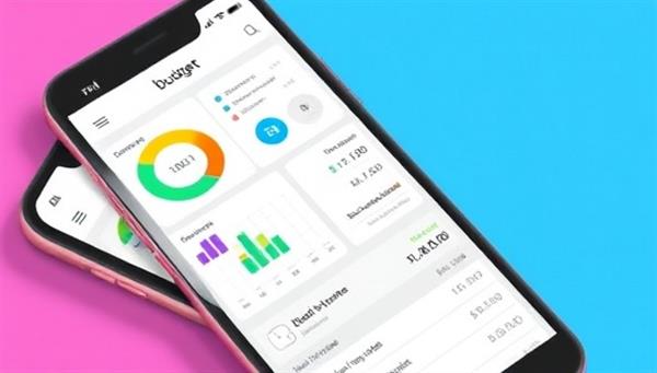 A smartphone screen displaying the BudgetBuddy Pro app interface with colorful budget charts, expense trackers, and savings goals, showcasing a user-friendly and efficient budgeting tool for financial management.