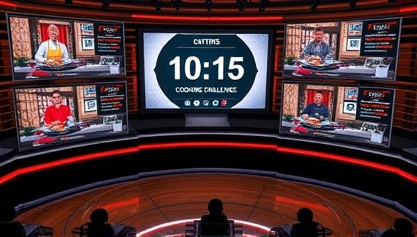 An interactive cooking challenge scene with multiple virtual kitchens showcasing participants cooking, a timer ticking down, judges providing feedback, and a live chat feature for viewers to engage and cheer on their favorite cooks, creating a vibrant and competitive cooking atmosphere.