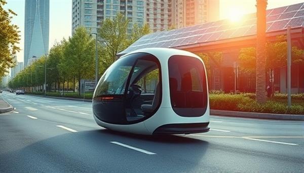 A sleek, futuristic ride-sharing pod gliding silently on a city street, surrounded by lush greenery and solar panels glistening in the sunlight, symbolizing sustainability and innovation.