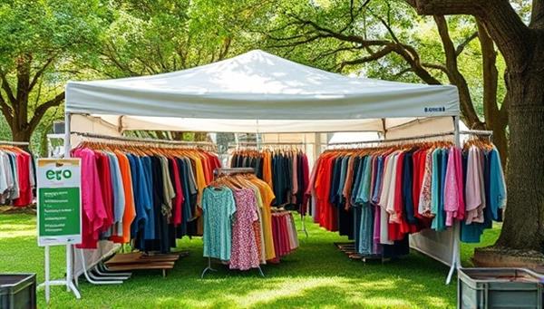 An outdoor pop-up thrift store set up in a park, with racks of colorful clothing under a canopy, surrounded by green trees and eco-friendly signage, creating a vibrant and sustainable shopping experience.
