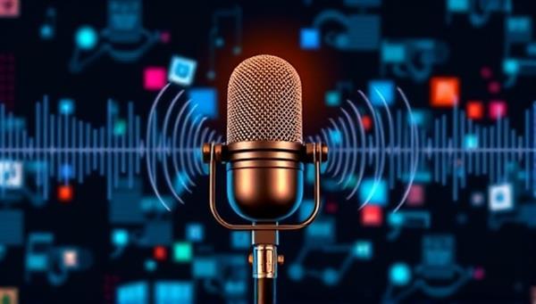 An artistic representation of a microphone surrounded by sound waves and digital graphics, symbolizing the creativity and audio production expertise of PodPerfect Studios in crafting unique podcasts.