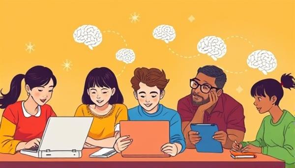 An illustration of a diverse group of students engaged in interactive online learning activities, with AI algorithms symbolized by glowing brain icons enhancing each student