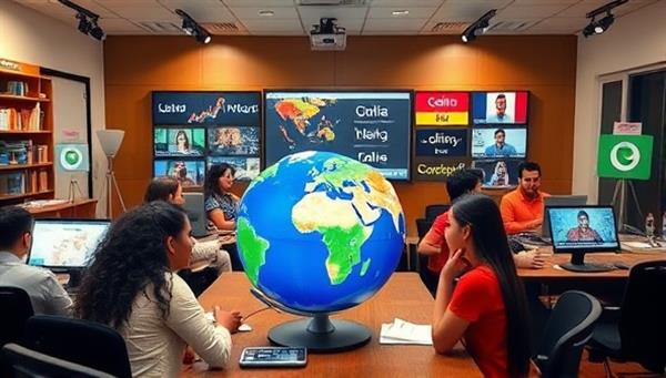 A virtual language classroom scene with diverse participants engaged in language learning activities, digital screens displaying vocabulary words, and a globe symbolizing global language connections, capturing the essence of multicultural learning and interactive language practice.