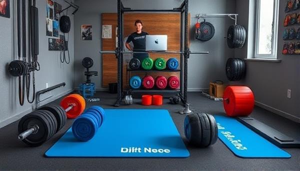 An artistic depiction of a home gym setup with personalized fitness equipment like weights and mats featuring individualized designs and color schemes, reflecting the diversity and customization offered by FitForge Creations.