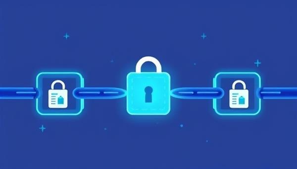 An innovative visual representation of interconnected blockchain blocks forming a secure chain, with property title documents and transaction records digitally encrypted within each block, symbolizing the trust and security provided by Title Chain Verify