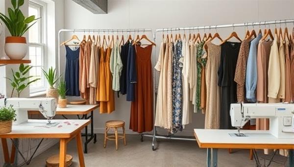 An eco-friendly fashion studio filled with sustainable fabrics, sewing machines, and custom-made pieces hanging on racks, embodying the fusion of style, sustainability, and craftsmanship in the world of custom fashion manufacturing.