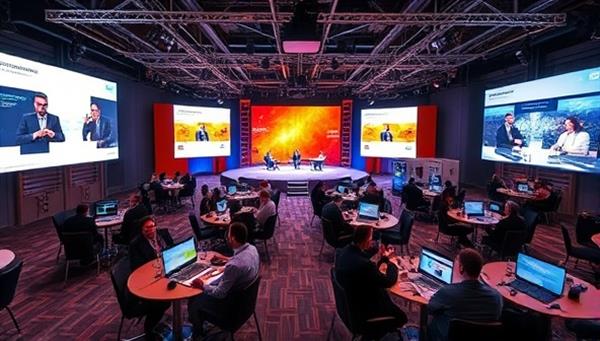 An immersive virtual event setup featuring a dynamic online conference with multiple virtual stages, interactive booths, and engaging speaker sessions, showcasing the versatility and creativity of EventVirtuoso