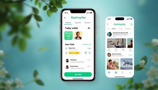 A calming and soothing app interface featuring a user tracking their pain levels, engaging in mindfulness exercises, and receiving virtual support from a community chat, surrounded by images of nature and relaxation, conveying the holistic approach to pain management within the PainFree Pal mobile application.