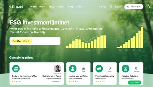 An impactful ESG investment platform interface featuring sustainable company profiles, impact metrics, and community engagement tools, with investors exploring ethical investment options and collaborating for positive change, symbolizing purpose-driven investing and sustainability.