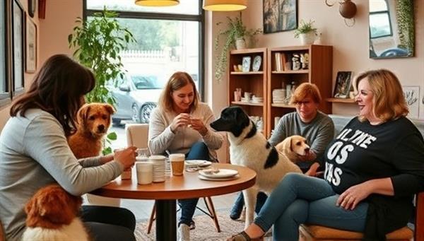 A cozy cafe setting with customers enjoying coffee and cuddling with therapy animals, surrounded by playful pets and soothing decor, creating a warm and inviting space for relaxation and animal companionship.