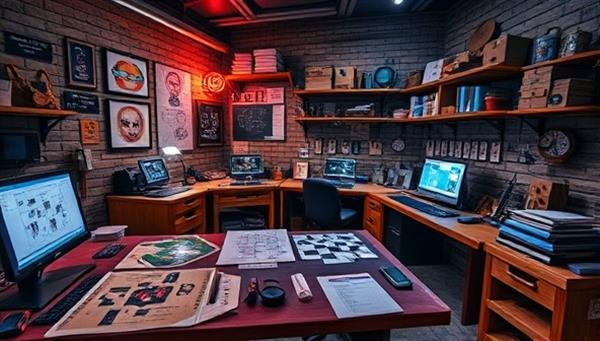 A virtual workshop scene with users creatively designing intricate puzzles and challenges for their custom escape rooms, surrounded by digital tools and interactive elements that inspire innovation and collaboration in escape room creation.
