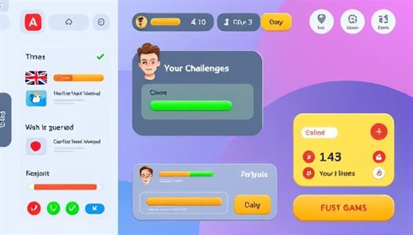 An animated image of a language learning app interface with colorful game elements, progress bars, and virtual rewards, showcasing a user navigating through language challenges with excitement and enthusiasm.