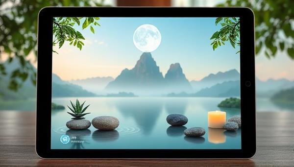 A tranquil digital oasis featuring serene nature scenes, calming meditation spaces, and wellness activities on a virtual retreat platform, with soothing sounds and relaxation elements displayed on a tablet screen, creating a peaceful and rejuvenating ambiance for participants to unwind and recharge.