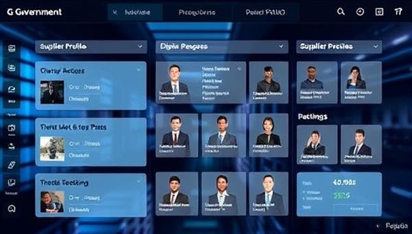 An innovative digital marketplace interface displaying a variety of government procurement opportunities, supplier profiles, and a seamless bidding process, illustrating efficiency and transparency in government transactions.