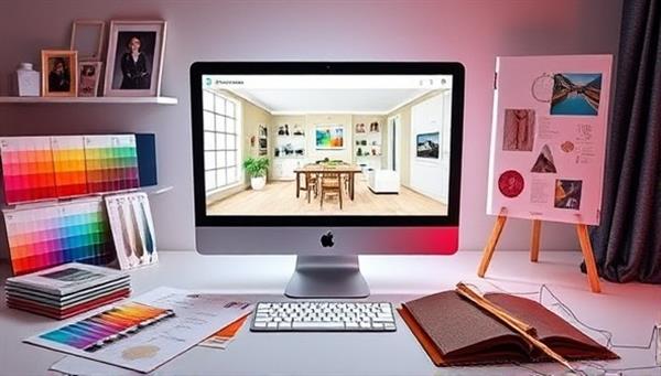 A digital workspace featuring a computer screen displaying a virtual room design, surrounded by color swatches, fabric samples, and design sketches, reflecting a modern approach to interior design consultancy.