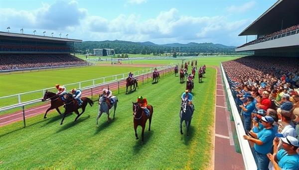 An immersive illustration of a virtual horse racing track populated with digital horses, jockeys, and enthusiastic spectators, capturing the thrill and excitement of the RaceQuest VR simulation for players and horse racing fans alike.