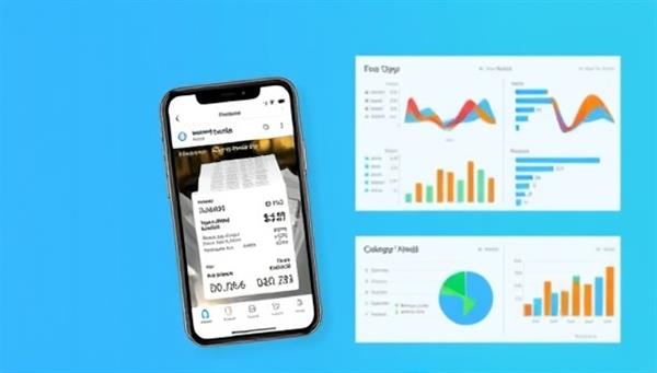 A smartphone displaying the ExpenseTrack Auto app, capturing a receipt and automatically categorizing the expense, with colorful graphs and charts illustrating expense trends and analysis, promoting efficiency and accuracy in expense tracking.