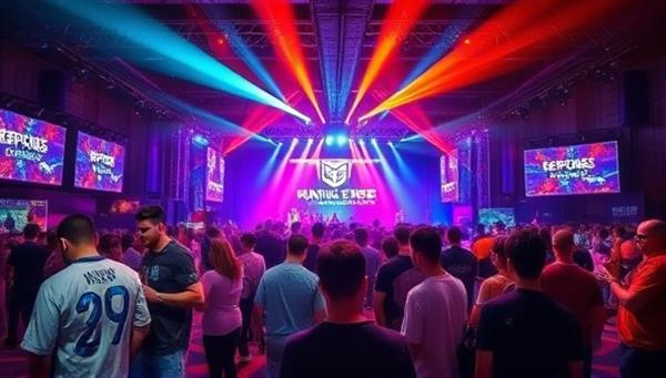 An energetic visual of a professionally organized gaming event with vibrant lighting, stage setups, and enthusiastic participants engaging in esports competitions and gaming activities, highlighting the excitement and scale of the gaming event planning service.