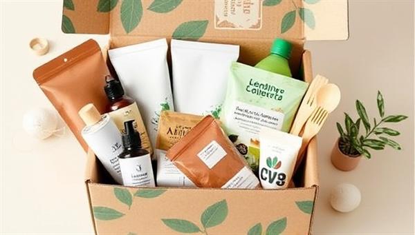 An eco-friendly subscription box filled with reusable products, natural toiletries, bamboo utensils, plant-based snacks, and sustainable home goods, arranged in a recyclable packaging with leafy motifs and earthy tones, reflecting a commitment to green living and conscious consumption for subscribers.