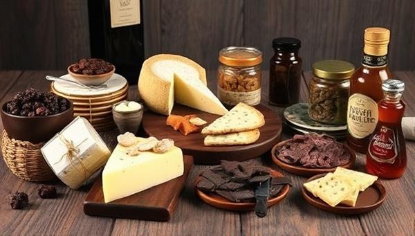 A delectable image of an array of gourmet food items elegantly displayed on a rustic wooden table, including artisanal cheeses, charcuterie, chocolates, and exotic condiments, inviting subscribers to embark on a culinary journey of flavors and textures.
