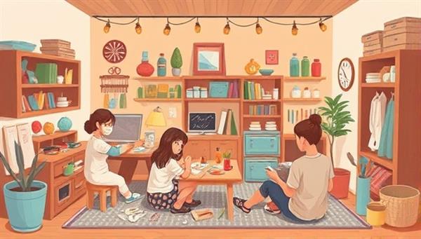 A cozy digital illustration showcasing a virtual DIY home improvement workshop with participants crafting, painting, and renovating their living spaces, surrounded by tools, materials, and design inspiration, creating a warm and inviting atmosphere for creative home projects.