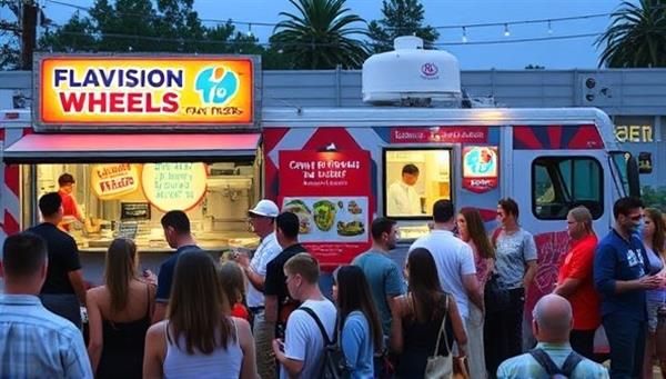 A dynamic food truck setup with colorful signage, interactive cooking stations, a live chef demo area, and a diverse crowd of customers sampling fusion street food dishes and engaging in hands-on food experiences, creating a vibrant and bustling food truck scene that embodies the concept of FlavorFusion Wheels.