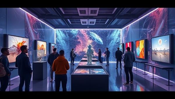 An immersive virtual art gallery setting with digital artworks displayed in a futuristic environment, art enthusiasts exploring the exhibits using VR headsets, and artists interacting with visitors through live virtual tours and discussions, creating a dynamic and innovative art viewing experience in a virtual world.