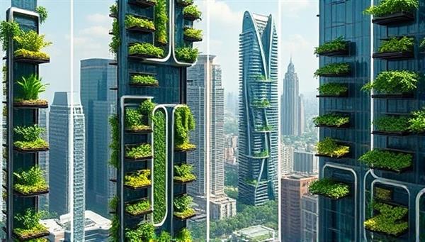 An innovative urban landscape featuring skyscrapers with integrated vertical farming structures, showcasing a futuristic and sustainable approach to urban agriculture.