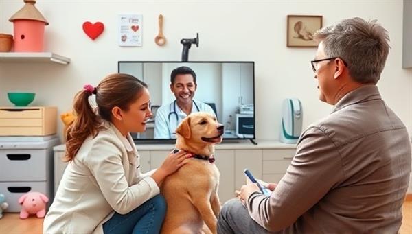 A heartwarming visual of a virtual veterinary consultation in progress, showing a veterinarian interacting with a pet owner and their furry companion via video call, with pet toys and medical equipment visible in the background, conveying compassion and expertise in remote pet care services.