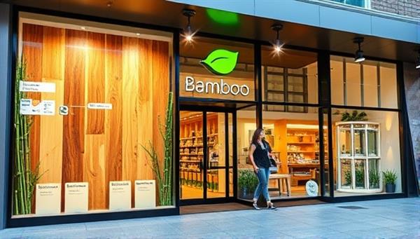 A modern, sleek storefront with large displays of various sustainable building materials like bamboo flooring, reclaimed wood planks, and energy-efficient windows, with a green leaf logo prominently displayed, signaling eco-consciousness.