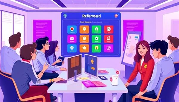 An illustration of a diverse group of employees playing a virtual game representing the referral platform, with colorful badges, rewards, and a digital leaderboard displaying top referrers, creating a fun and engaging atmosphere within a corporate setting.
