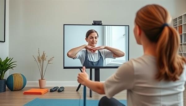 An inspiring image of a virtual physical therapy session, showing a therapist guiding a client through exercises via video call, with stretching bands and therapy tools visible in the background, conveying professionalism and care in a virtual setting.