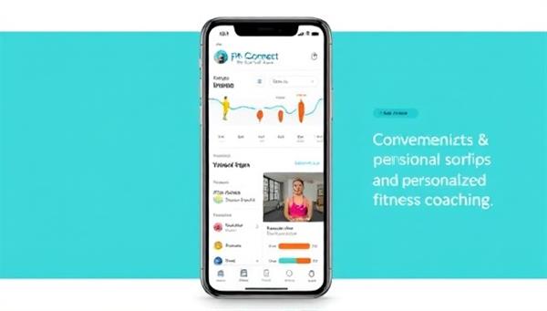 A smartphone displaying the FitConnect Pro app interface with workout plans, progress tracking features, and a virtual session in progress, showcasing convenience and personalized fitness coaching.