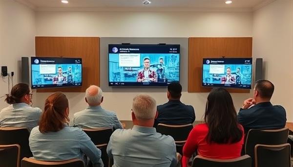 An educational setting with a diverse group of individuals attending a virtual real estate investment seminar, engaging with interactive presentations on screens and exchanging insights, symbolizing knowledge sharing and empowerment through RealEduInvest.