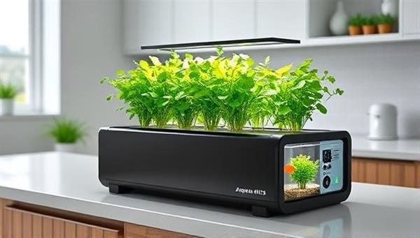 An artistic rendering of a sleek and compact indoor aquaponics system displayed on a kitchen countertop, featuring lush green plants and a small fish tank, highlighting the beauty and functionality of AquaHarvest Kits.