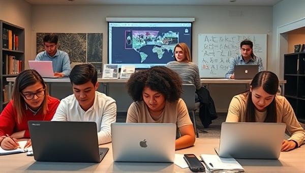 A diverse group of students engaging in a virtual study session, each on their laptops, sharing notes and discussing academic topics in a digital study room environment.