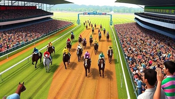 A vibrant virtual horse racing track filled with animated horses, cheering crowds, and jockeys in colorful uniforms, capturing the excitement and competitive spirit of the subscription-based virtual horse racing service.