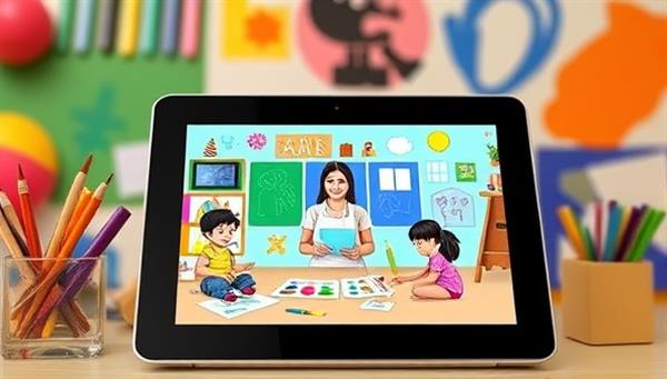 A colorful and imaginative digital art studio setting displayed on a tablet screen, showcasing children engaged in creative activities with art supplies, drawings, and a cheerful instructor, fostering a vibrant and inspiring learning environment for young artists.