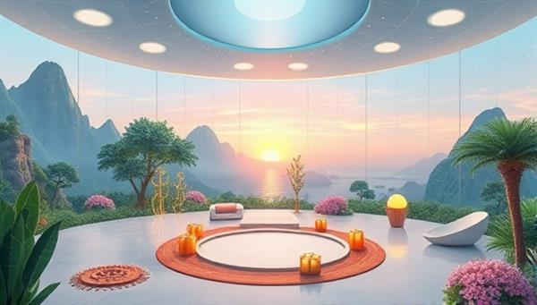 An enchanting digital illustration of a serene virtual wellness retreat setting, featuring tranquil nature scenes, calming meditation spaces, and soothing wellness activities, evoking a sense of peace and rejuvenation in a virtual sanctuary.