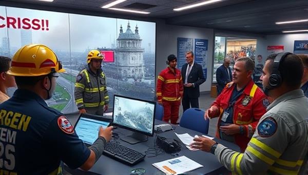 An immersive crisis simulation scenario depicting emergency responders, government officials, and volunteers coordinating response efforts in a digital environment, showcasing teamwork and preparedness in crisis situations through realistic simulations.