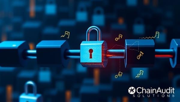 An artistic representation of interconnected blockchain blocks forming a secure chain, overlaid with financial data and audit symbols, symbolizing the blockchain-based accounting audits provided by ChainAudit Solutions.