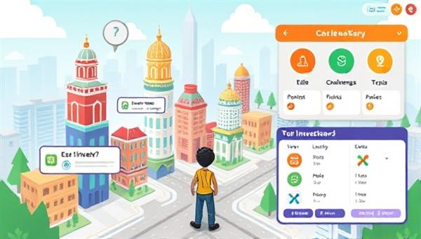 An animated illustration of a virtual cityscape with buildings representing different investment opportunities, a character navigating through financial challenges and quizzes, and a leaderboard showcasing top performers, conveying a sense of adventure and learning in investing through gamification.