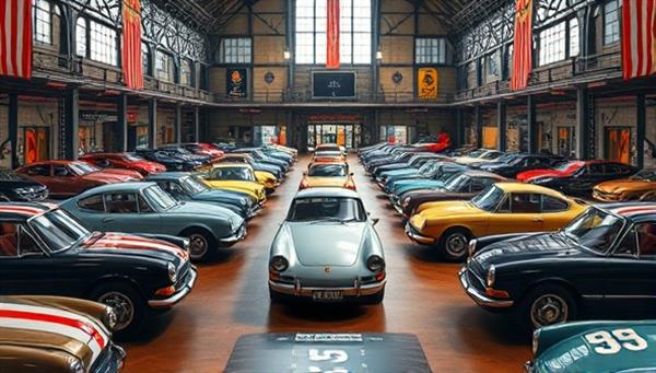 An artistic representation of a digital auction hall filled with classic cars from different eras, with vintage aesthetics and a modern online bidding interface, capturing the essence of the platform