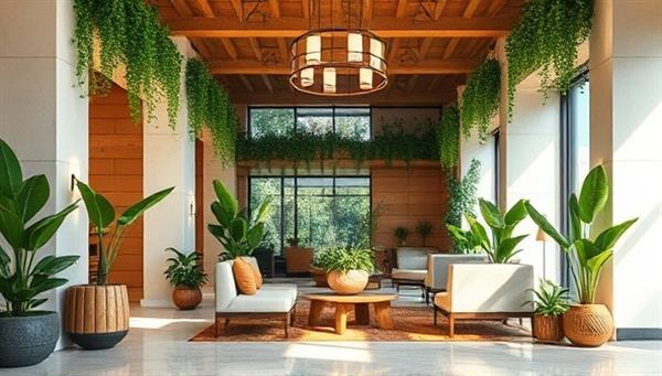 A tranquil eco-friendly hotel lobby adorned with sustainable decor elements, indoor plants, recycled materials, and energy-efficient lighting, exuding a serene and environmentally conscious ambiance for guests to unwind and connect with nature.