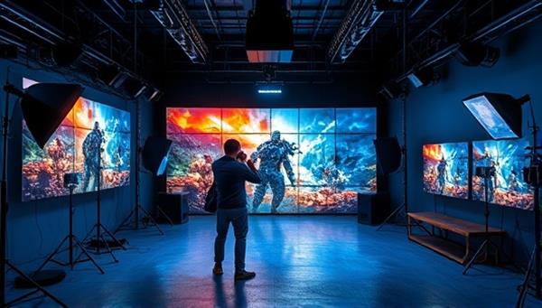 An imaginative visual representation of a virtual photography studio within a gaming world, with a photographer capturing an epic in-game battle scene, surrounded by digital cameras, lighting equipment, and screens displaying stunning gaming shots, highlighting the artistic and immersive nature of GamerShots Studio.