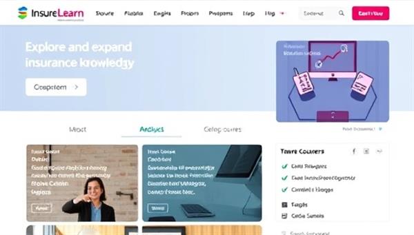 An engaging and informative online learning platform interface showcasing various insurance courses, quizzes, and resources, inviting users to explore and expand their insurance knowledge with InsureLearn Hub.