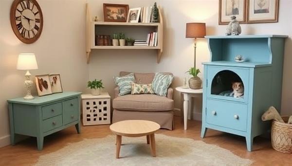 A charming setup featuring a cozy pet corner with custom-designed furniture pieces for a cat or dog, showcasing the comfort, style, and personalization offered by PawPal Designs.