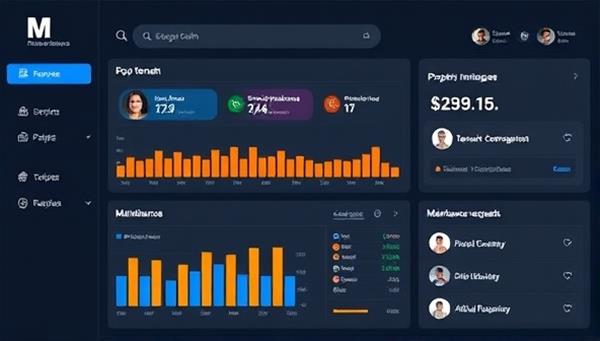 An aesthetic digital dashboard displaying property management statistics, tenant communication logs, and maintenance requests, illustrating the convenience and efficiency of remote property management services.